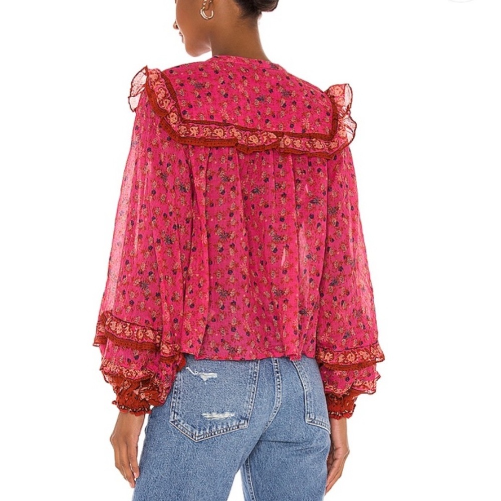FREE PEOPLE Jenna Floral Ruffle Blouse Raspberry Red Flowy Feminine Size Small - Picture 3 of 15